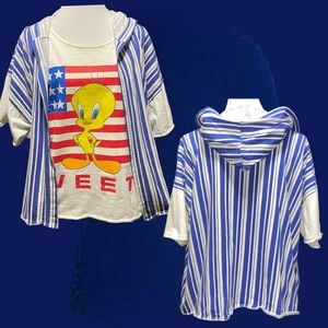 RARE Tweety Bird Patriotic Tee w/ Attached Hoodie Shirt - Looney Tunes 1995 - L